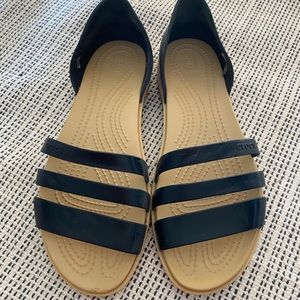 CROCS Women's Tan Footbed with Black Strappy Jelly Sandals